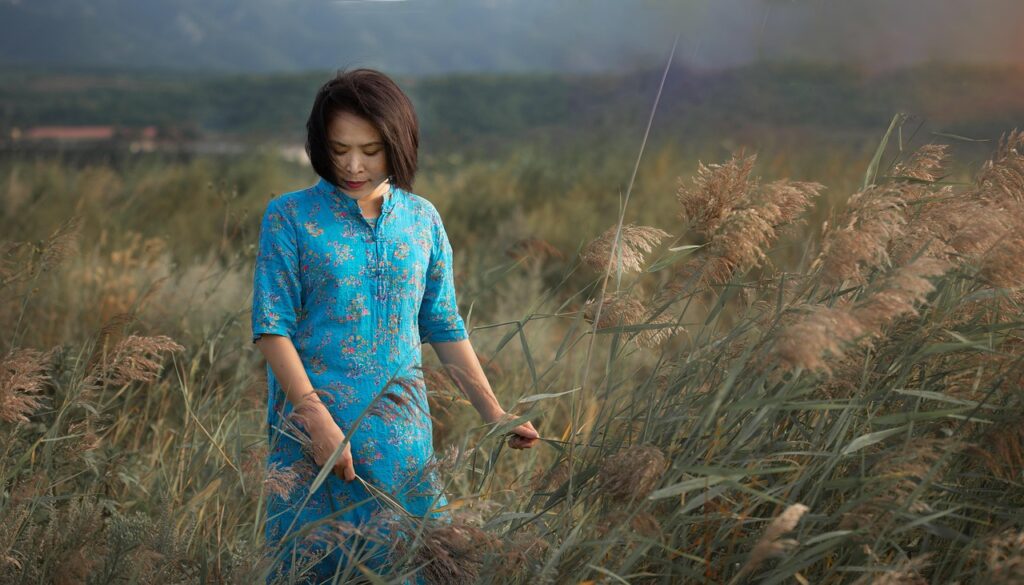 reed, wilderness, blue floral dress, beauty, outdoors, woman, woman, woman, woman, woman, woman