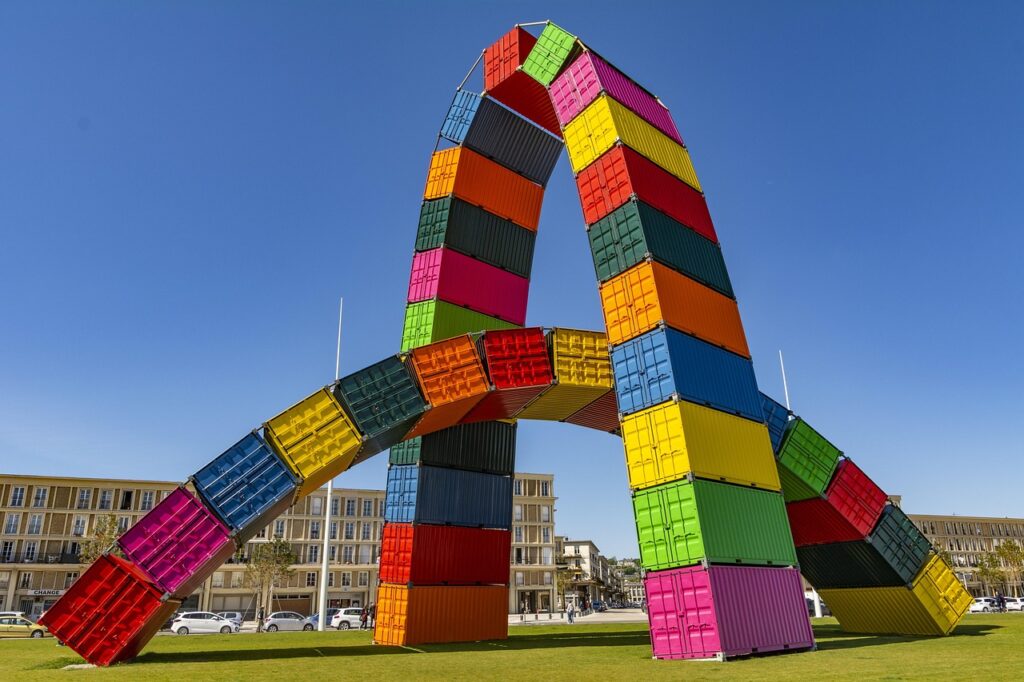iso, container, sculpture, art, colors, haulage, france, nature, figures, sky, garish, summer, le havre