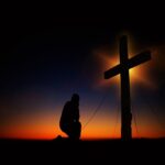 cross, sunset, humility, devotion, silhouette, human, kneeling, knee, pray, worships, prayer, faith, religion, church, symbol, clouds, heaven, christian, crucifixion, quiet, immersion, jesus christ, meditation, jesus, nature, christ, christianity, black, figure