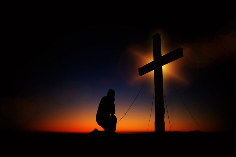 cross, sunset, humility, devotion, silhouette, human, kneeling, knee, pray, worships, prayer, faith, religion, church, symbol, clouds, heaven, christian, crucifixion, quiet, immersion, jesus christ, meditation, jesus, nature, christ, christianity, black, figure