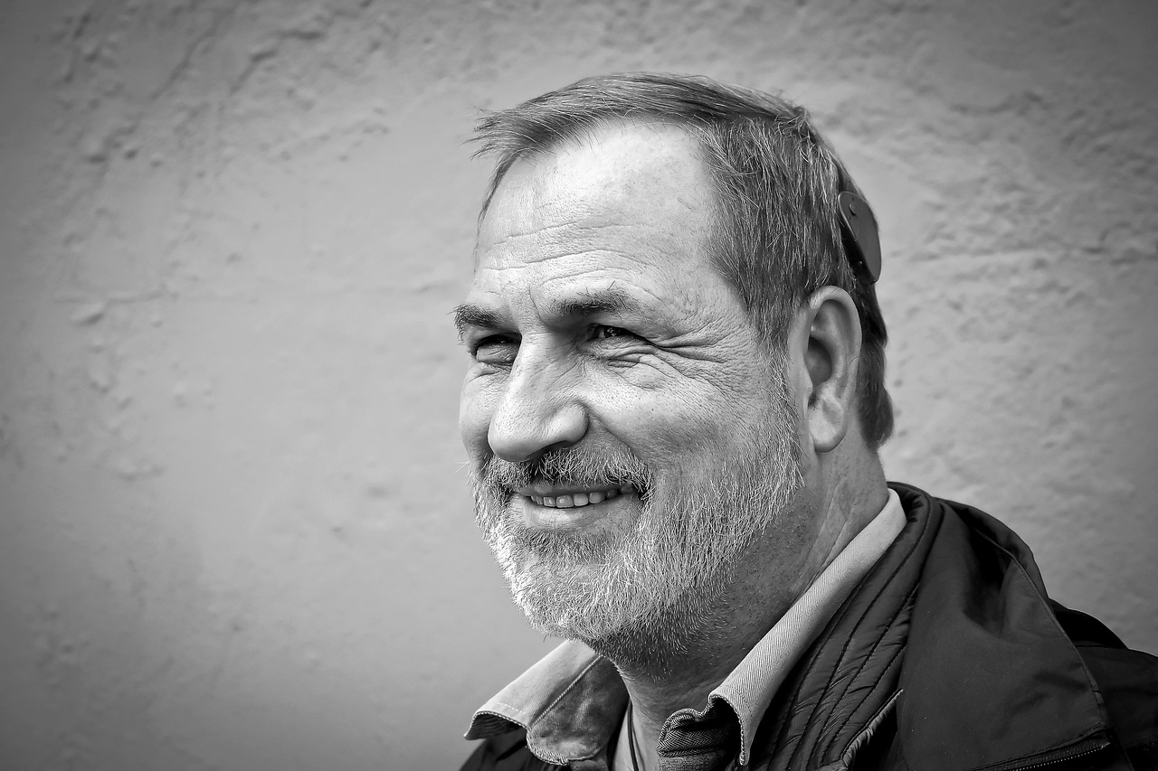 man, portrait, male person, cochlear implant, hearing aid, speech processor, human, face, masculine, person, view, close up, head, expression, cool, black-and-white, sw, beard, smile, cochlear implant, cochlear implant, cochlear implant, hearing aid, hearing aid, hearing aid, hearing aid, hearing aid
