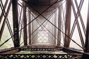 metal, bridge, architecture, steel, construction, old, industrial, under the bridge, haze, under tracks