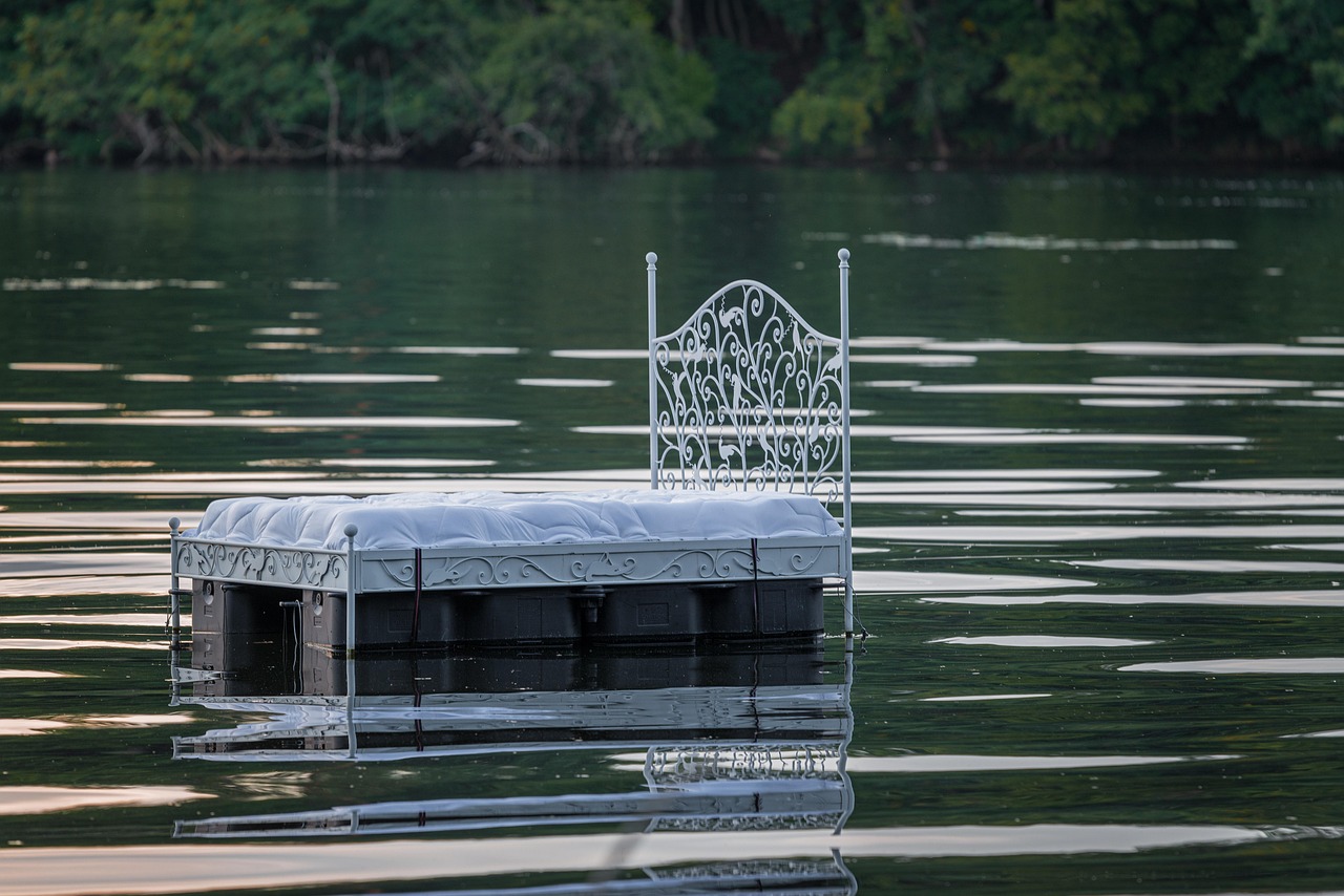 bed, mattress, lake, swim, nature, waterbed, outdoors, reflection, abstract, island
