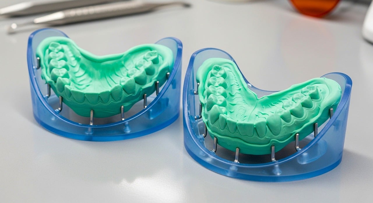 dental impression, dental tools, orthodontics, dentistry, green color, dental mold, dental lab, tools on table, dental supplies, smile, oral care, dentist, pure white, dentist equipment, preparation of dental impression, oral health, dental impression on tray, medical diagnosis, dental prevention, prophylaxis, dental treatment